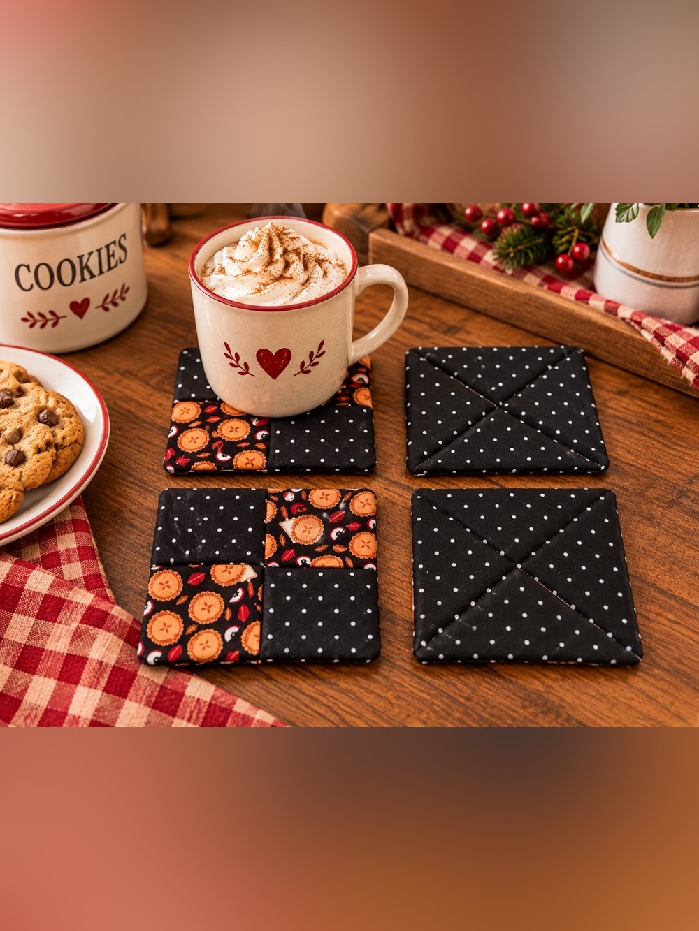Handmade Black Polka Dot & Orange Patchwork Fabric Coasters - Set of 4